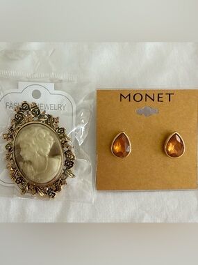 Monet Earrings NWT Teardrop + Cameo Brooch Vintage Style Jewelry Lot